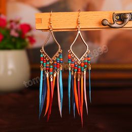 Summer Colourful Rice Beads Tassel Feather Earring Jewellery Women's Bohemian Court Style Alloy Long Dangle Earrings Brincos