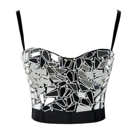 Women Summer Sexy Rave Outfit Corset with s Silver Sequin Glitter Crop Top Strass Goth Festival Clothing Drop 220318