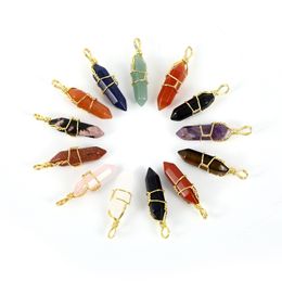 Natural Stone Wire Wrapped Quartz Hexagonal Prism Healing Crystal Charms Pendants For Diy Earrings Necklace Jewellery Making