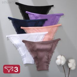 3 pcs/set Women Sexy Edges Briefs Cotton Breathable Underwear G-string Intimi Lingerie Female Solid Colour Soft Underpants L220801