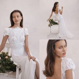 Inbar Freiman Bohemian 2022 Backless Wedding Dress Lace Appliqued Short Sleeve Boho Bridal Dresses A Line Wedding Gowns Vestido de Noiva