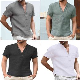 2022 New Men's T-shirt V-neck single breasted design Men tshirt Casual fashion Cotton and Linen Breathable SolidColor Shirt Male Y220606