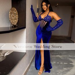 Sexy African Royal Blue Occasion Reception Dresses Velvet Mermaid Prom Dress Nigerian Bride Party Evening Gowns