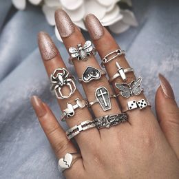 S2916 Fashion Jewellery Knuckle Ring Set Retro Love Butterfly Spider Mushroon Heart Bee Cross Geometric Stacking Rings Midi Rings Sets 12pcs/set