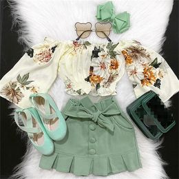 FOCUSNORM 2 Colours Fashion Kids Girls Clothes Sets 2pcs Flowers Off Shoulder T Shirts Tops Ruffles A Line Belt Skirts 1 6Y 220705