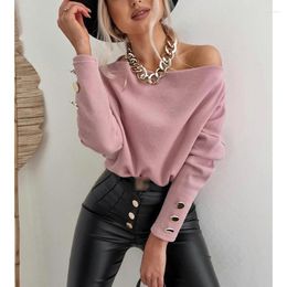 Women's T-Shirt Off Shoulder Women Autumn Solid Pink Button 2022 Spring Casual Loose Streetwear Korean Ladies Oversized Base Top SJ8702C