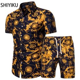 SHIYIKU Summer Brand Men s Clothing Short Sleeved Printed Shirts Shorts 2 Piece Fashion Male Casual Beach Wear Clothes 220708