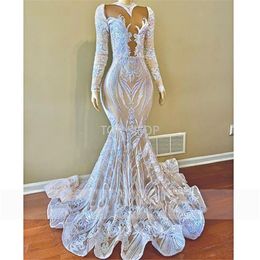 2022 Långärmade sekvins Mermaid Prom Dresses Sparking Backless Ruched Evening Gown Plus Storlek Formell Party Wear Grows Ee
