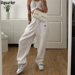 Streetwear Drawstring Embroidery Side Zipper White Sweatpants Joggers Women Harajuku Wide Trousers Hip Hop y2k Pants Capris 201112