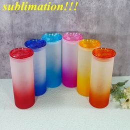 sublimation 25oz straight glass tumbler with colorful lids Gradient glass can blank glass water bottle reusable straw beer mug colorful drinking cups