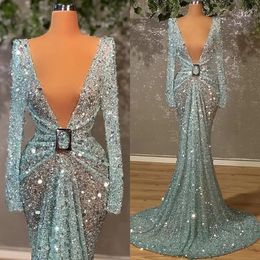 Light Blue Sparkly Sequined Mermaid Evening Dresses African Bling Bling V Neck Long Sleeve Party Gowns Aso Ebi Prom Dress PRO232