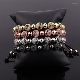 Beaded Strands Men Jewellery Bracelet Luxury 10mm Black CZ Pave Ball Charm Macrame Adjustable Gift Inte22