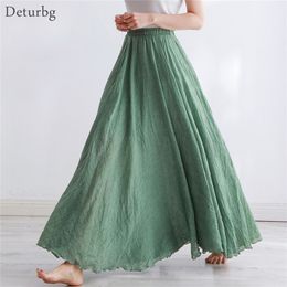 High Quality Cotton Linen Maxi Skirt Womens Casual Elastic High Waist Pleated ALine Beach Skirts Boho Saia Feminina Faldas Jupe 220701