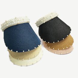 Pearl Empty Top Hat Women Summer Shade Wide Brim Straw Hat Sun Protection Solid Colour Beach Cap Sun Visor Hat