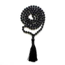 Pendant Necklaces Bead Matte Black Onyx Mala Beads Necklace Knotted Tassel Prayer Make Yoga Hand KnottedPendant