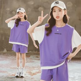 Summer Girls Fashion Boutique Suit 4-12y Casual Elegant Simple Purple Black Short Sleeve Shorts Sport Two Piece Sets for Kids 220507