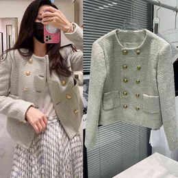 small fragrance celebrity style short gold button Grey green tweed women's wool coat spring new