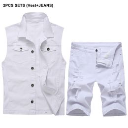 Summer Tracksuits Ripped Hole Men's Vest and Shorts 2 Piece Sets White Slim-fit Denim Waistcoat + Stretch Short Jeans Conjuntos de hombres