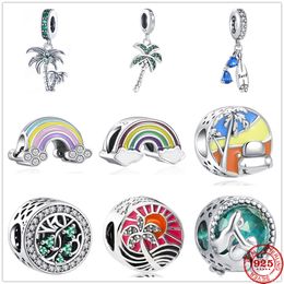 925 Sterling Silver Dangle Charm Rainbow Coconut Surfing Mermaid Sunset Beads Bead Fit Pandora Charms Bracelet DIY Jewellery Accessories