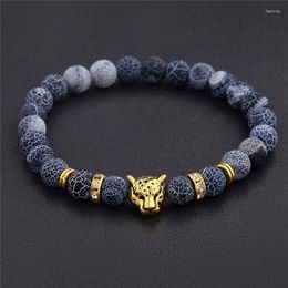 Beaded Strands Weathered Stone Leopard Head Bracelet Men's Fashion Natural Tiger Eye Lava Bead Fawn22