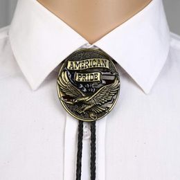 Bow Ties Gold America Pride Eagle Bolo Tie For Man Cowboy Western Cowgirl Leather Rope Zinc Alloy NecktieBow