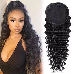 Deep Wave Wavy Drawstring Ponytail Human Hair Clip In Extensions for America Women Pony Tail Remy Natural Black 140g DIVA2