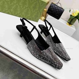 Sexy Sandals Designer For Womens Low Heel Fashion Rhinestone Wedding Sandal Slingback Ankle Strap Real Leather Summer Lady Pumps