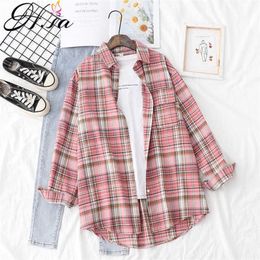HSA Plaid Shirts Women Tops Pink Blouses Long Sleeve Oversized Cotton Ladies Casual Blusas One Pocket Loose Female Checked Shirt 210716