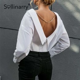 Sollinarrry V neck white Backless chain women blouse Long sleeves botton turn down collar tops Elegant spring blouse ladies 210709