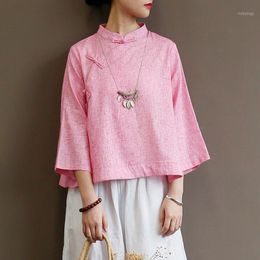 Women Short Loose Chinese Style Blouse Ladies Cotton Linen Vintage Summer Three Quarter Sleeve Retro Shirt Tops Female 2022 Women's Blouses