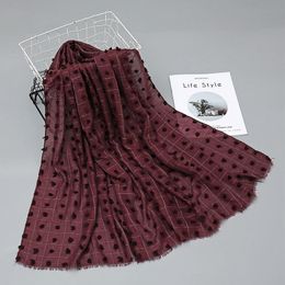 Autumn Winter Maroon Plaid Pom Pleated Viscose Shawl Scarf Lady High Quality Wrap Pashmina Stole Muslim Hijab Snood