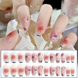 False Nails 24PCS Press On With Cherry Blossoms Prnited Fake Nail Ins Summer Girl Art Mid Length Coffin Manicure Tool Prud22