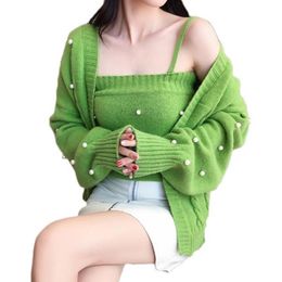 Women's Knits & Tees 2022 Summer Women 's Solid Red Cardigan Knitted Sweater Casual Two Pieces Set Fashion Streetwear Sexy Female Short