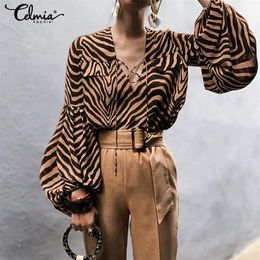 Women Blouse Celmia 2019 Autumn Sexy Vneck Shirts Casual Long Sleeve Lace Up Zebra Stripe Work Tops Plus Size Blusas Femininas T200321