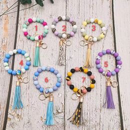 Foreign trade food grade silicone beads bracelet keychain PU leather tassel pendant key ring female multi-color optional