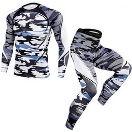 Fitness Men Sets Tracksuit Compression Shirts + Leggings Base Layer Long Sleeve T Shirt Kit Print Thermal Underwear