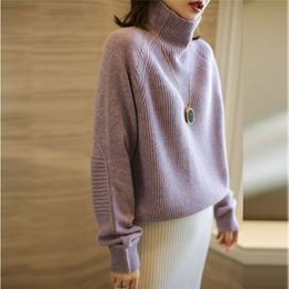 Autumn and winter cashmere sweater women's high neck thick pullover 100% wool loose sweater large size knitted sweater 201225
