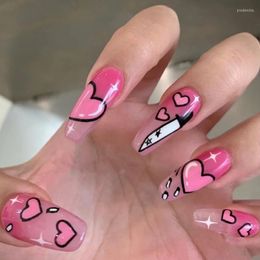 False Nails 24pcs Coffin Pink Anime Love Design Artificial Ballerina Fake With Glue Full Cover Nail Tips Press On Prud22