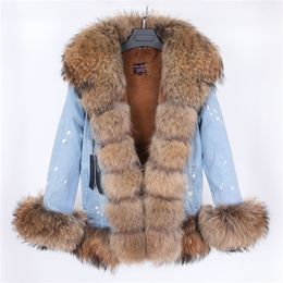 MAOMAOKONG fur collar ultra short denim fur jacket women plus velvet thick liner casual jacket LJ201021