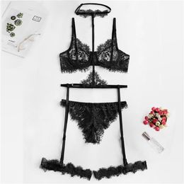 Women Intimates See Through Sexy Bra And Panties Sheer Underwear Set Lace Eyelash Underwire Lingerie Set With Choker Black LJ200814