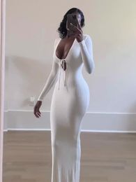 Casual Dresses Long Sleeve Maxi Dress Women Elegant White Summer Deep V-neck Sexy Black Evening Party Club Outfit 2022 FashionCasual