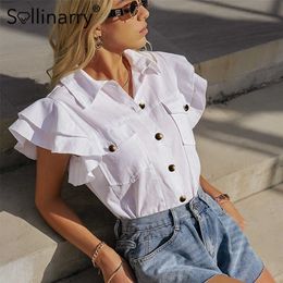 Sollinarry Cotton street style flared sleeve short button tops Ruffled short sleeves women Tshirt White shirt collar female tops 210709