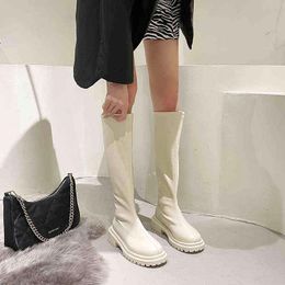 2022 Women Long Boots PU Leather Ladies Zipper Knight Flats Shoes Fashion Winter Heel Knee-high Boots botas de mujer Y220817