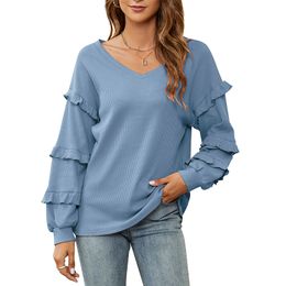 Women Sweaters V Neck Waffle Knit Shirts Oversized Sweaters Thermal Casual Blouses Tops Flounces Lantern Long Sleeve Loose Fit