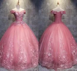 Pink Quinceanera Dresses 2022 Tulle Off The Shoulder Floor Length Lace Applique Corset Back Pageant Prom Party Ball Gown Vestidos 401 401