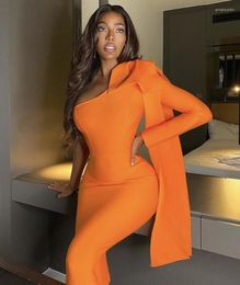 Casual Dresses Simly Tara 2022 Winter Women Orange Bandage Dress Party Fashion Female One Shoulder Long Sleeve Bow Bodycon Vestidos