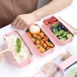 Portable Lunch Box 3 Grid Wheat Straw Bento Transparent Cover Food Container Work Travel Studentr Inventory BBE14056