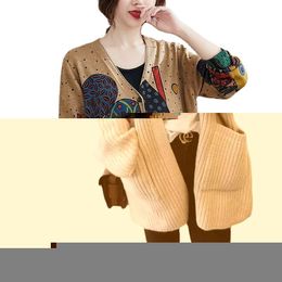 Women's Knits & Tees Women Girl Spring Winter Cardigans Full Sleeve Knitted Sweaters V Neck Knitwear Light Weight Printed TopsWomen's