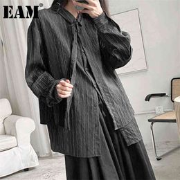 Women Black Striped Irregular Big Size Blouse Lapel Long Sleeve Loose Fit Shirt Fashion Spring Summer 1DD8633 210512