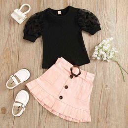 0-6 years old girls summer new style lace sleeve pit strip puff sleeve pullover girl baby ruffled skirt with belt 2Pcs G220521